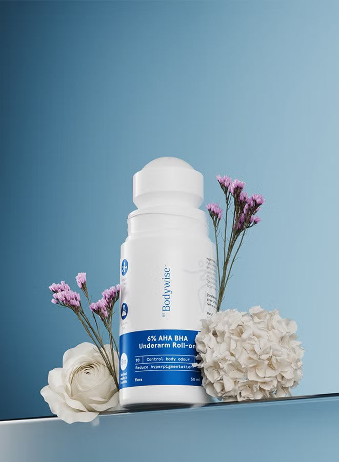 4% AHA BHA Underarm Roll on | With 2% Lactic Acid, 1% Mandelic Acid, 1% Salicylic Acid | Prevents Odour, Reduces Pigmentation | For Radiant Underarms | Suitable For Sensitive Skin | Flora 50ml