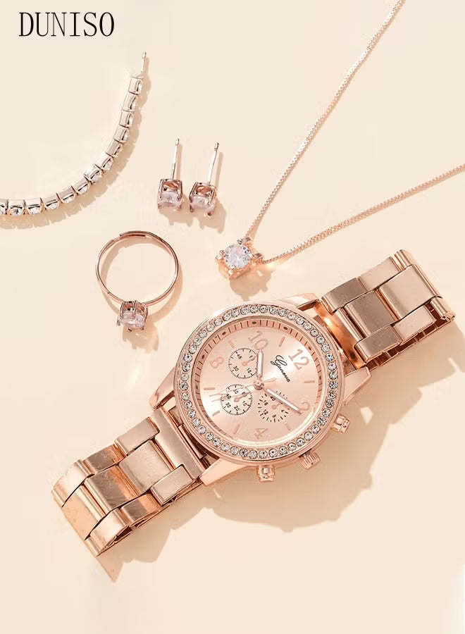 Women Watch Sets, 5 Pcs Luxury Fashion Women Watch Set Alloy Strap Ladies Quartz Wristwatch Rhinestone Alloy Bracelet (Rose Gold)