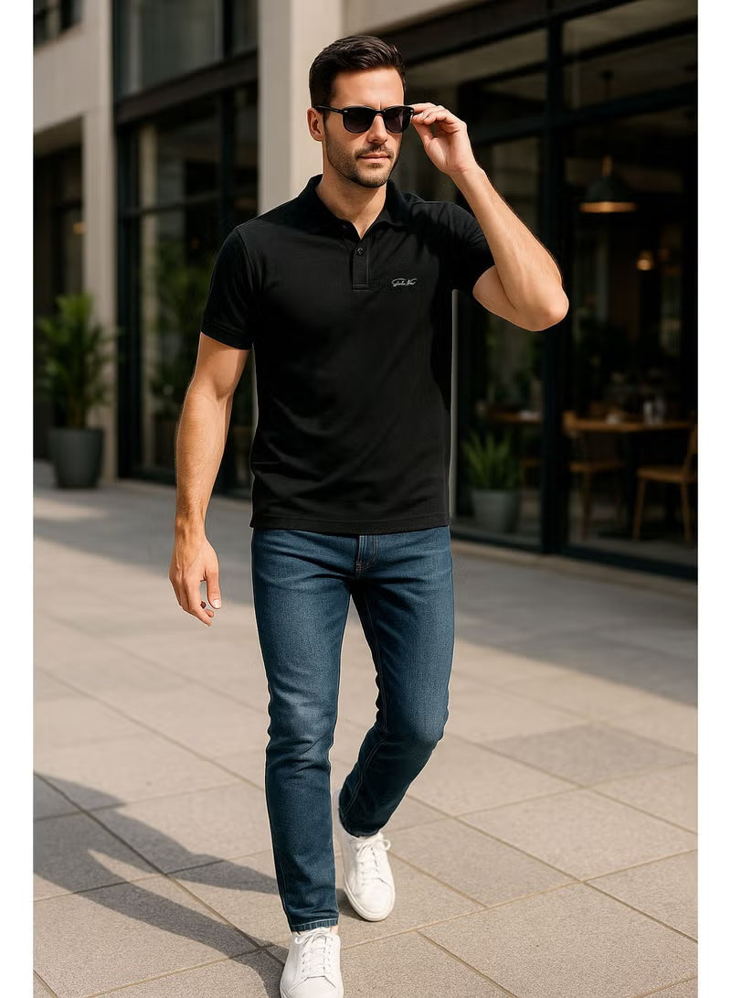 Men’s Stretchable Cotton Polo Shirt – Short Sleeves, Breathable, Black – Perfect for Office & Casual Outings