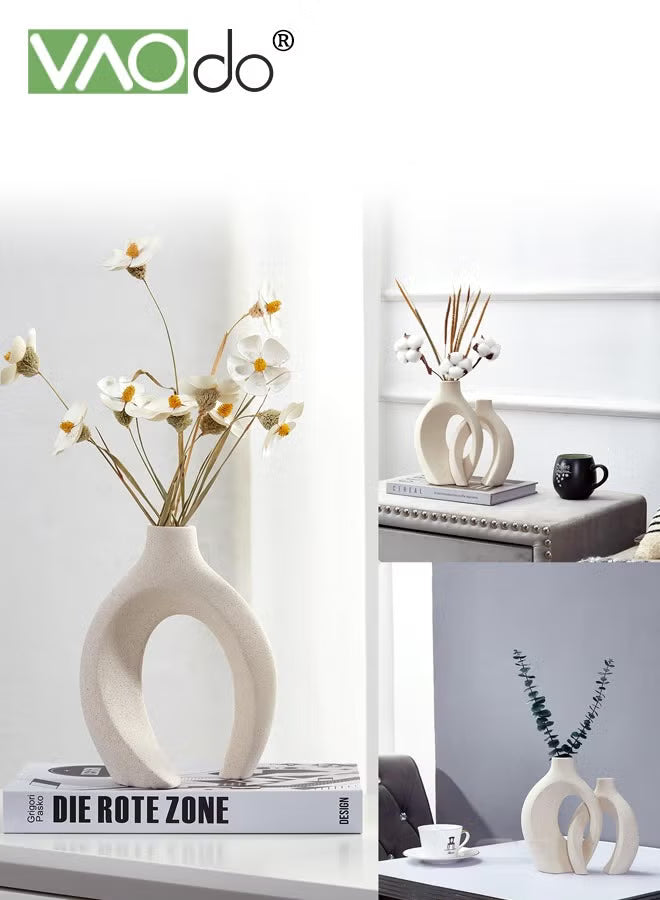 2PCS Hollow Ceramic Vase for Modern Home Decor White Boho Donut Vases Nordic Minimalist Decorative Vase for Table Centerpiece Wedding Dining Living Room Office House Decoration