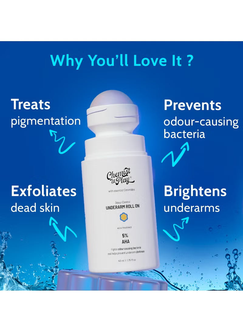 Chemist at Play UnderArm Roll On with Lactic and Mandelic Acid, Removes odour, Whitens and Brightens Skin, Kills Bacteria, Exfoliates Underarm, Long lasting Aqua Fragrance, For Women and Men, 40ml