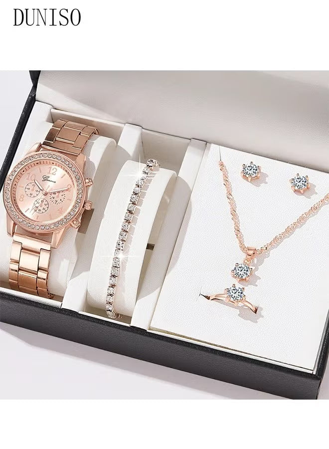 Women Watch Sets, 5 Pcs Luxury Fashion Women Watch Set Alloy Strap Ladies Quartz Wristwatch Rhinestone Alloy Bracelet (Rose Gold)