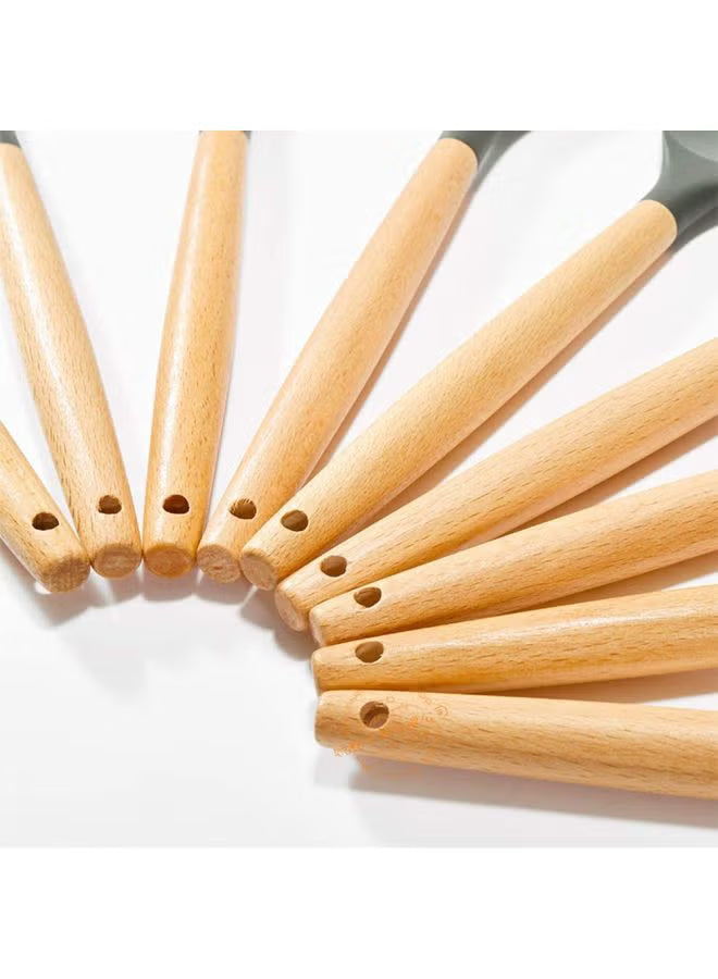 11-Piece Cooking Utensils Set With Wooden Handles Metal Container, Cookware,Kitchen Utensils,Spatula,Silicone Utensils, Nonstick Cookware, Heat Resistance Black 11.93inch