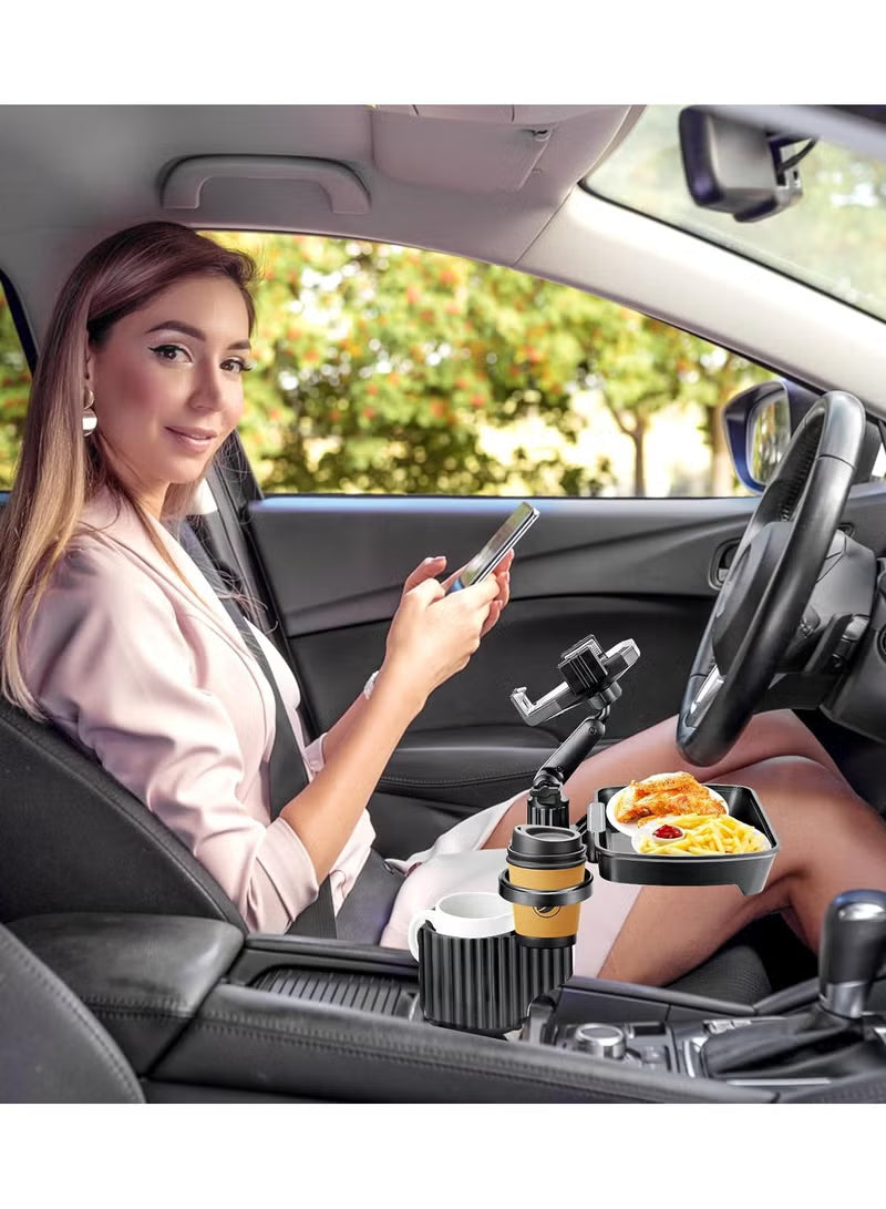 2024 Upgraded 5-in-1 Car Cup Holder - in with Food Tray Table with Phone Holder, 360° Rotation, 3 Cup Holders, Road Trip & Car Traveling Essential Gadget