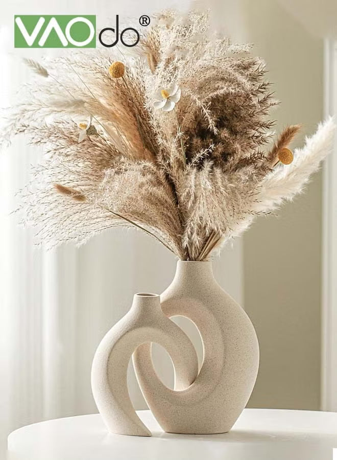 2PCS Hollow Ceramic Vase for Modern Home Decor White Boho Donut Vases Nordic Minimalist Decorative Vase for Table Centerpiece Wedding Dining Living Room Office House Decoration