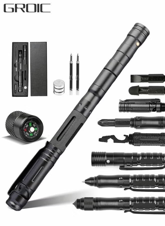 13 IN 1 Tactical Pen Multitool Pen Gear EDC Survival Pen LED Flashlight Multitool Pen Cool Gadgets with Compass, window hammer, flint, screwdriver, whistle, etc
