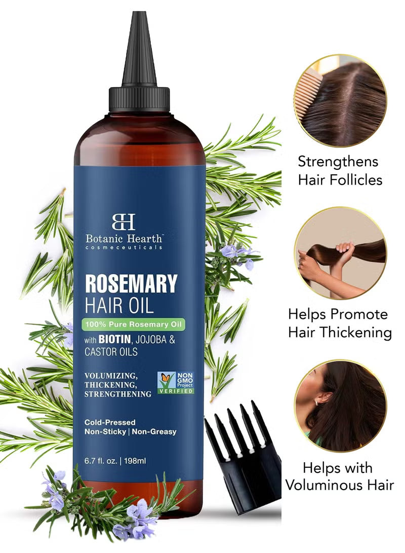 100% Pure Rosemary Oil | 198 ml | For Hair Growth Infused With Biotin | Hair Strenghtening Treatment | Nourishing & Volumizing | With Jojoba Oil & Castor Oil | Non GMO Verified |